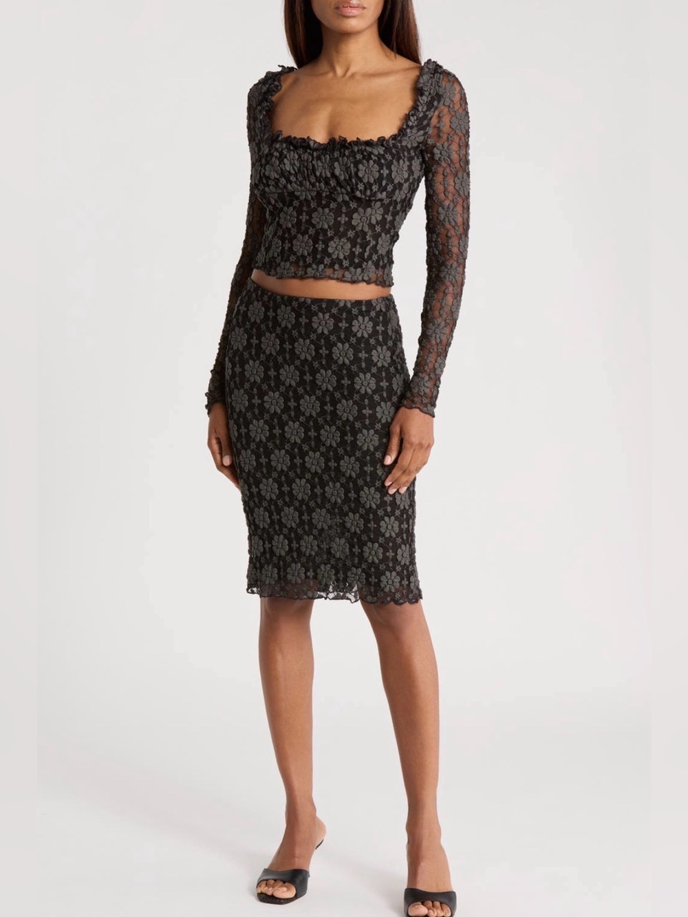 Free People Lucinda Black Floral Lace Pencil Skirt and Top Set